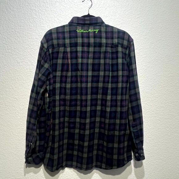 William Murray Golf Flannel Shirt Mens L Multicolor Plaid Cotton Stretch Pleated - Picture 2 of 16